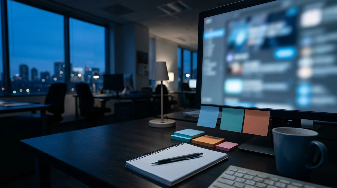 Redaktionsarbeitsplatz mit Monitor und Notizen, ruhige Büroatmosphäre, 1376x768