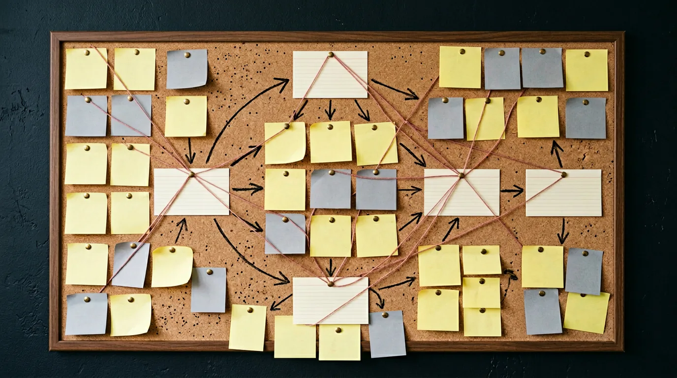 Skizze eines Arbeitsablaufs mit Pfeilen und Notizzetteln an Pinnwand, 1376x768