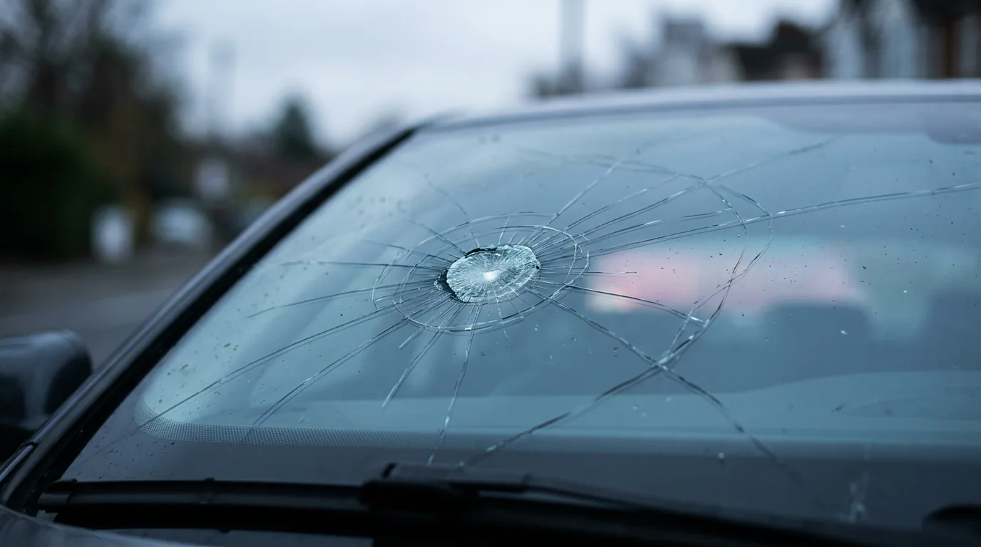 Nahaufnahme Windschutzscheibe mit feinen Rissen, Teilkasko-Thema, 1376x768