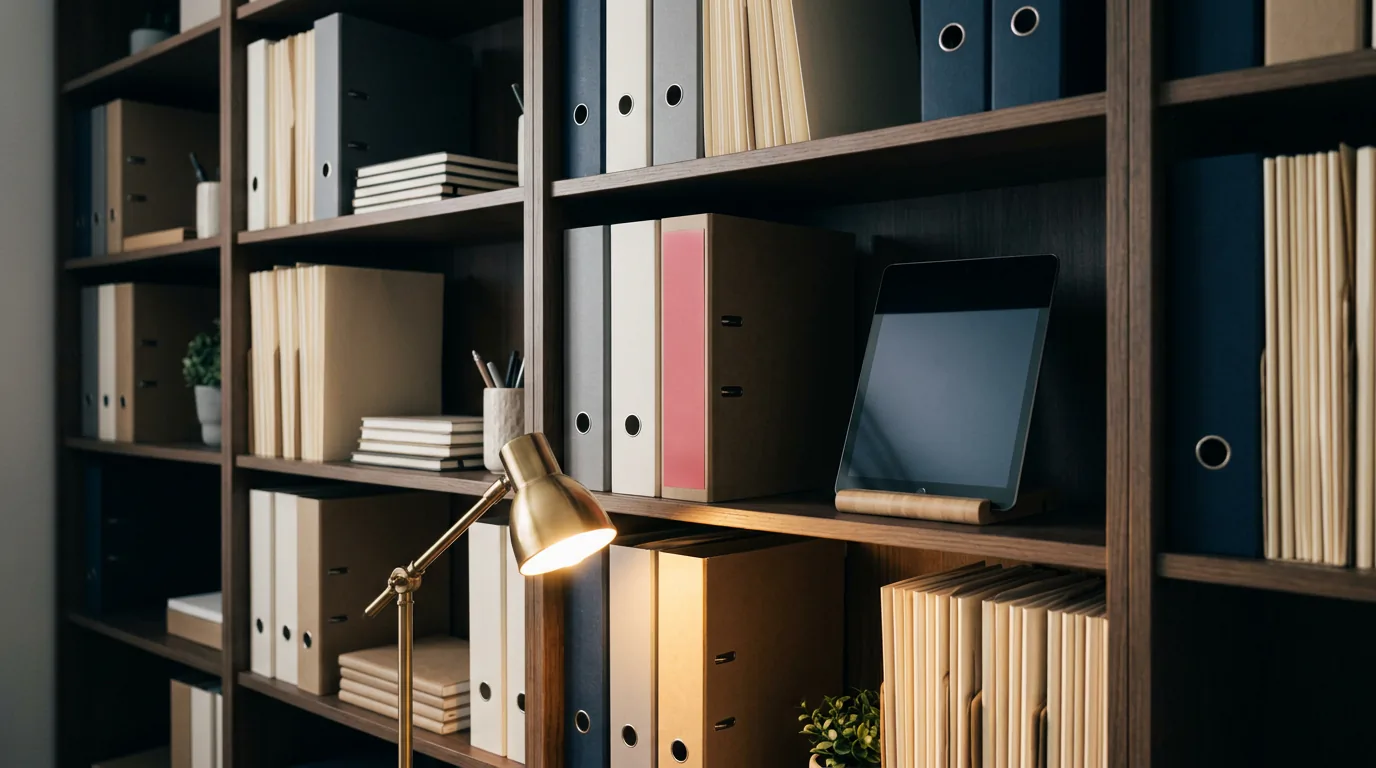 Regal mit Ordnern und Tablet, Übersicht über Lernmaterialien, 1376x768