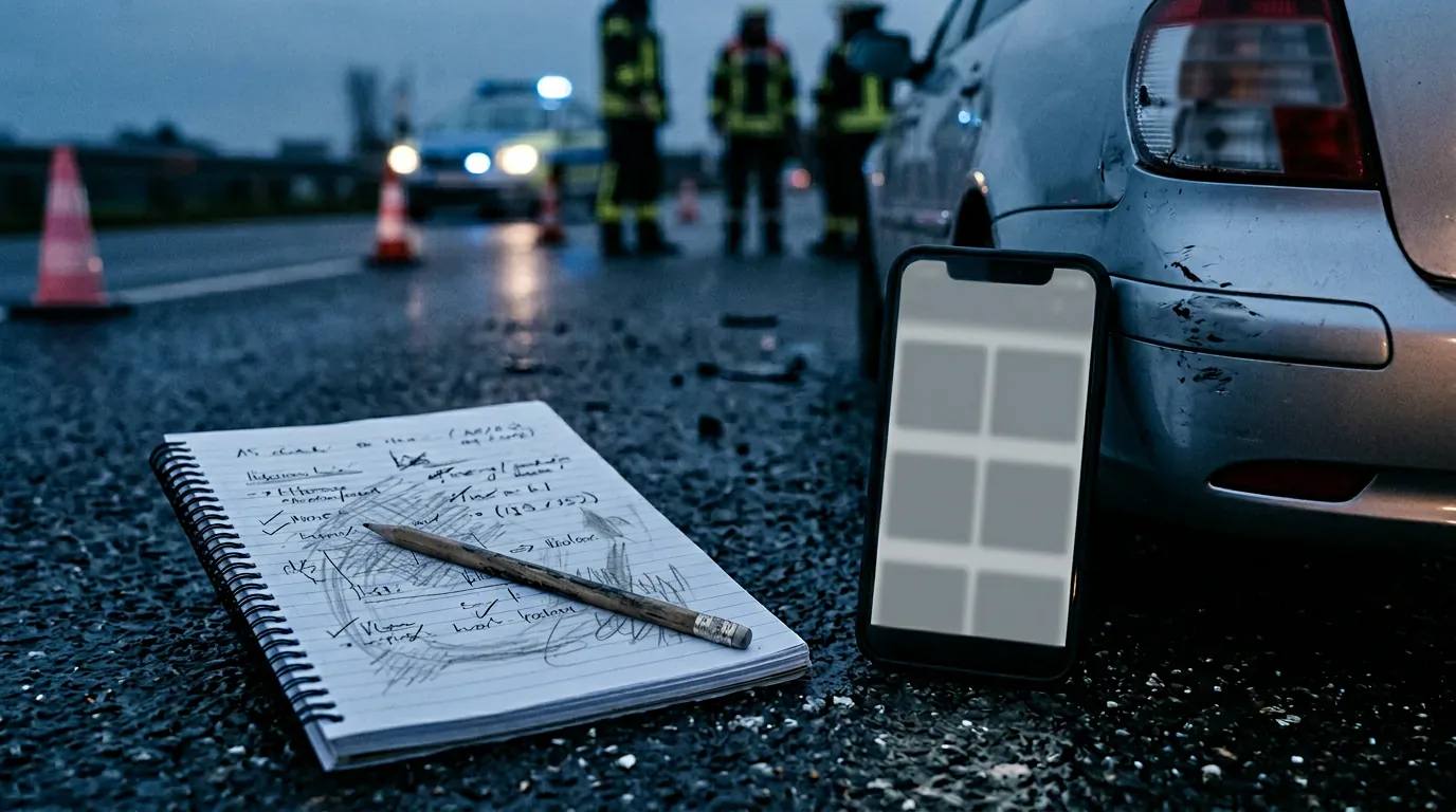 Notizblock und Smartphone mit Fotos am Fahrzeug, sachliche Schadensdokumentation, 1376x768