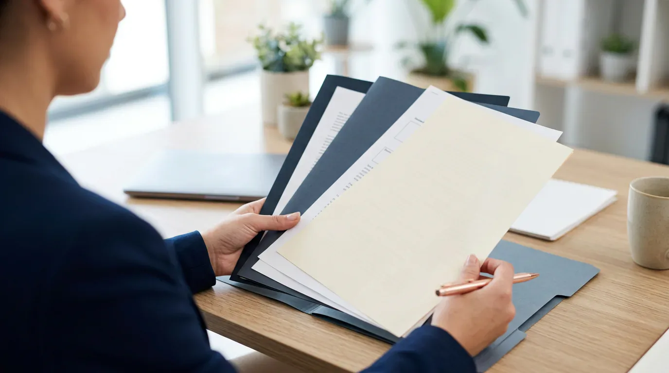Person prüft gedruckte Versicherungsunterlagen am Schreibtisch, neutral beleuchtet, 1376x768